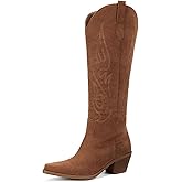 Pasuot Western Cowboy Boots for Women - Knee High Wide Calf Cowgirl Boots, Slip On Pointed Toe Chunky Heel Fashion Retro Classic Pull On Tall Boot for ladies Party concert