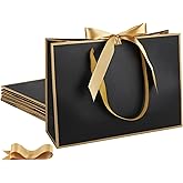 STOBOCTER 6 Pcs Elegant Paper Gift Bags with Handles 12.6''x4''x9.1'' Thank You 5 Senses Gift Bags with Bow Ribbon for Father's Day Wedding Bridesmaid Groomsmen Graduation Birthday Party(Black, Gold)