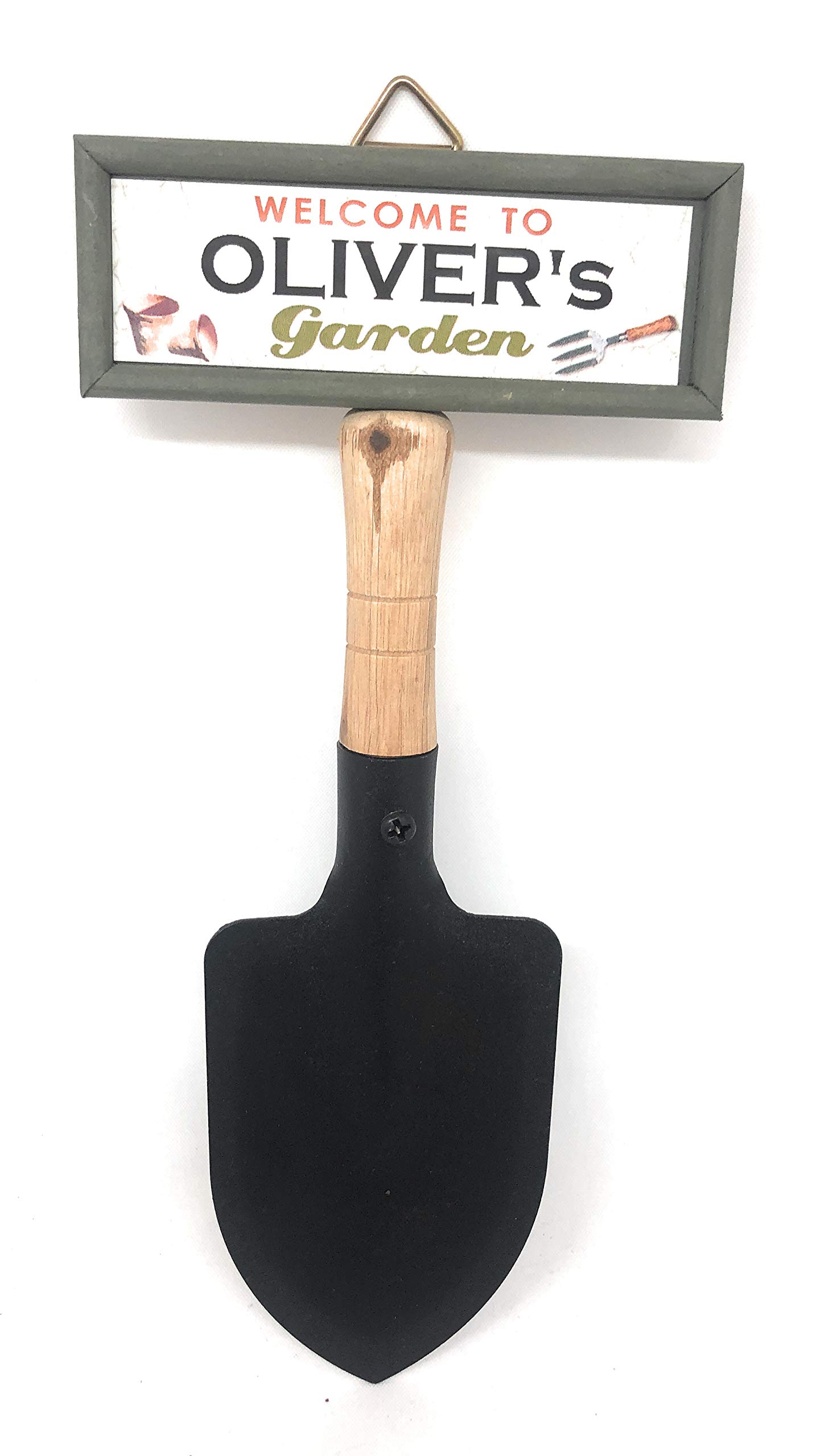 "Welcome to Oliver's garden" hanging shovel sign