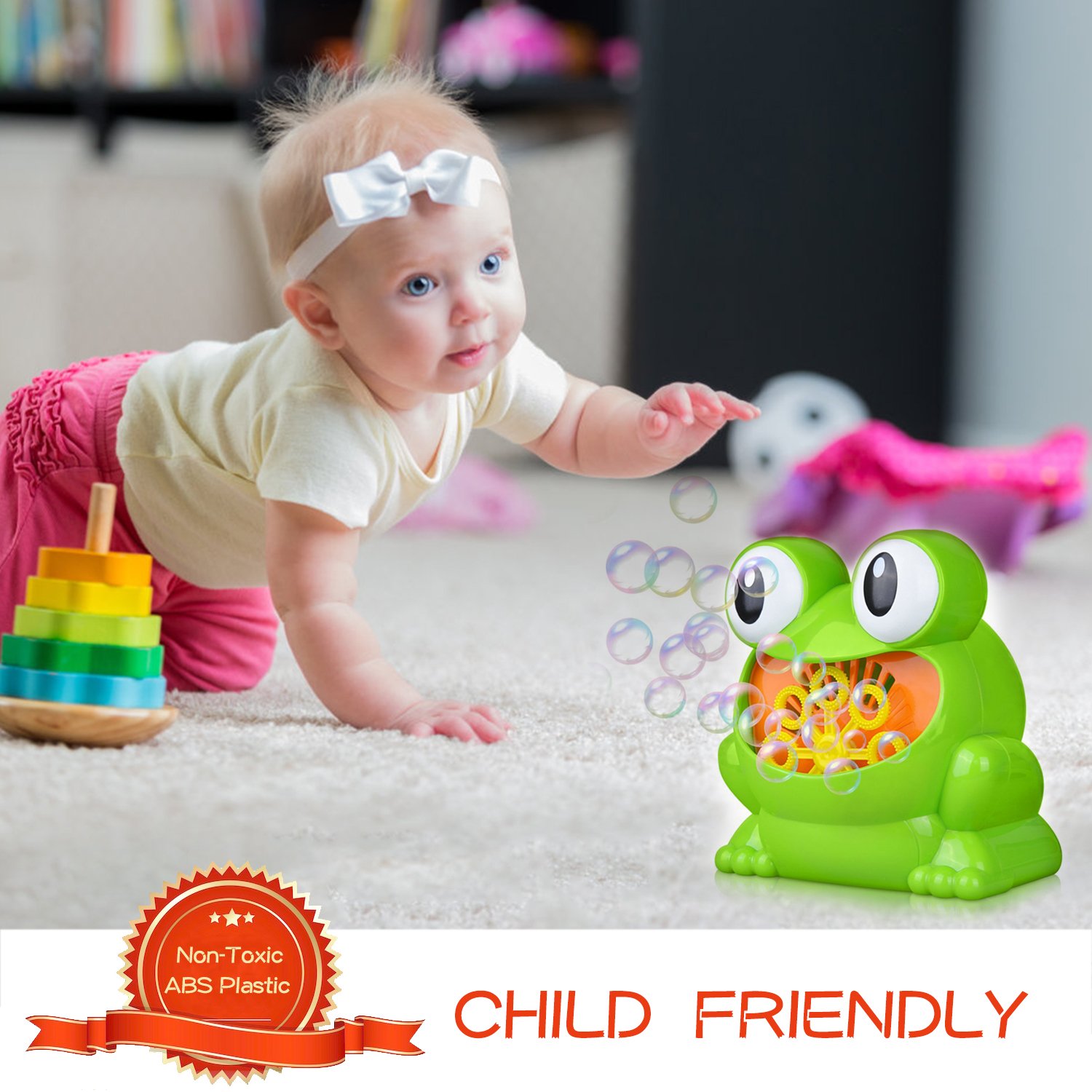Automatic Bubble Machine for Kids, GUSTYLE Portable Frog Bubble Maker Over 500 Bubbles Per Minute for Party, Wedding, Indoor and Outdoor Activities (Included 2 Bottles Bubble Solution)