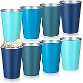 Baderke 8 Pack 16 oz Metal Cups Gradient Pink Blue Stainless Steel Cups 4 Color Stackable Pint Tumbler Drinking Glasses for Travel Camping Outdoors, Unbreakable(Gradient Blue)