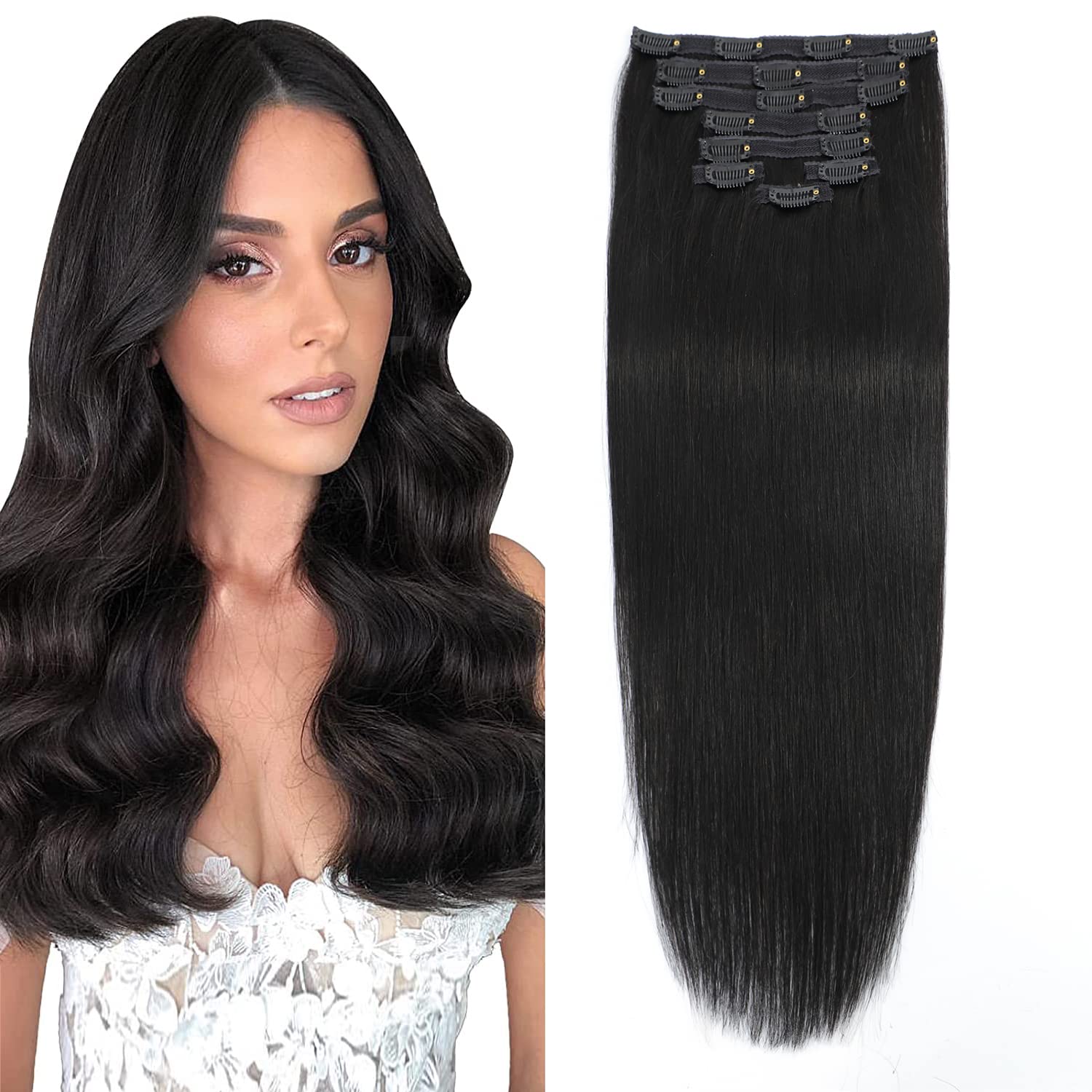 15inch Clip in Hair Extensions Real Human Hair 8PCS 100g Full Head Silky Straight, Double Weft 100% Remy Human Hair Lace Weft Clip in Human Hair Extensions for Women (15 Inch-100g, #1B Natural Black)