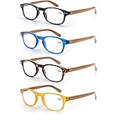 MODFANS 4 Pack Reading Glasses 1.5 Fashion Wood-Look Spring Hinges Stylish Readers Men Women