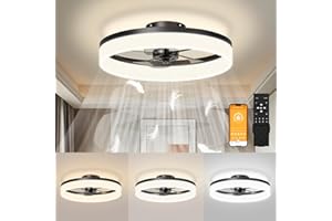 JOFIOS Low Profile Ceiling Fans with Lights, 19.7in Flush Mount Fandelier Ceiling Fan with 6 Wind Speeds, Dimmable Black Modern Smart Bladeless Ceiling Fan Light with Remote for Bedroom, Living Room