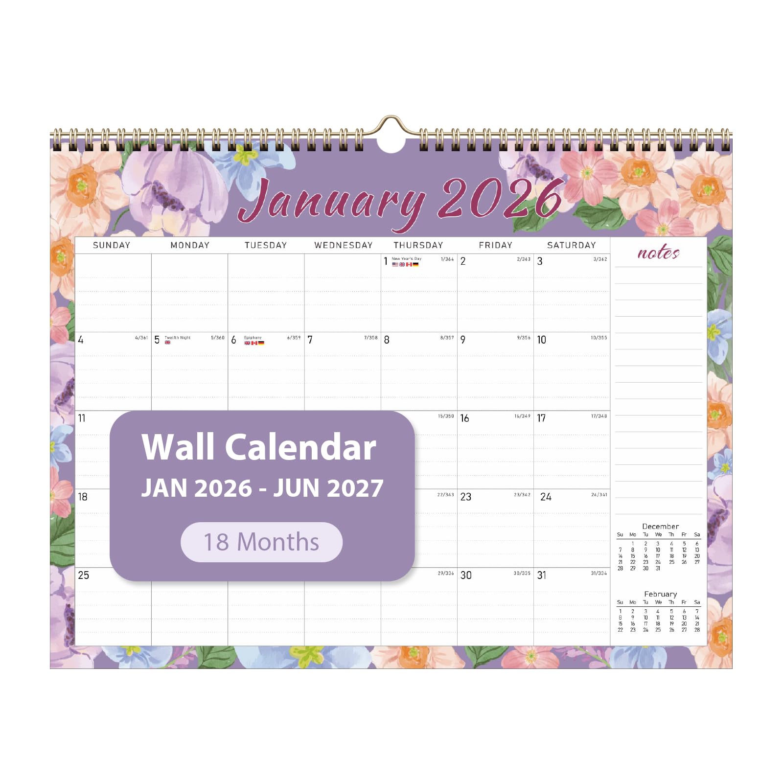 View 1 of 2026 Wall Calendar, 18 Monthly Wall Calendar from January 2026 to June 2027, Paper Desk Planner(11'' x 8.5''), Hanging for Teacher Family School Office Supplies