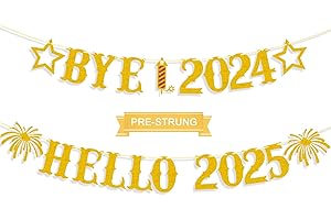 GIFLOON Giflloon Bye 2024 Hello 2025 Banner, No DIY Glitter Happy New Year Banner for Happy New Year Decorations 2025, New Year Eve Party Supplies 2025, Gold