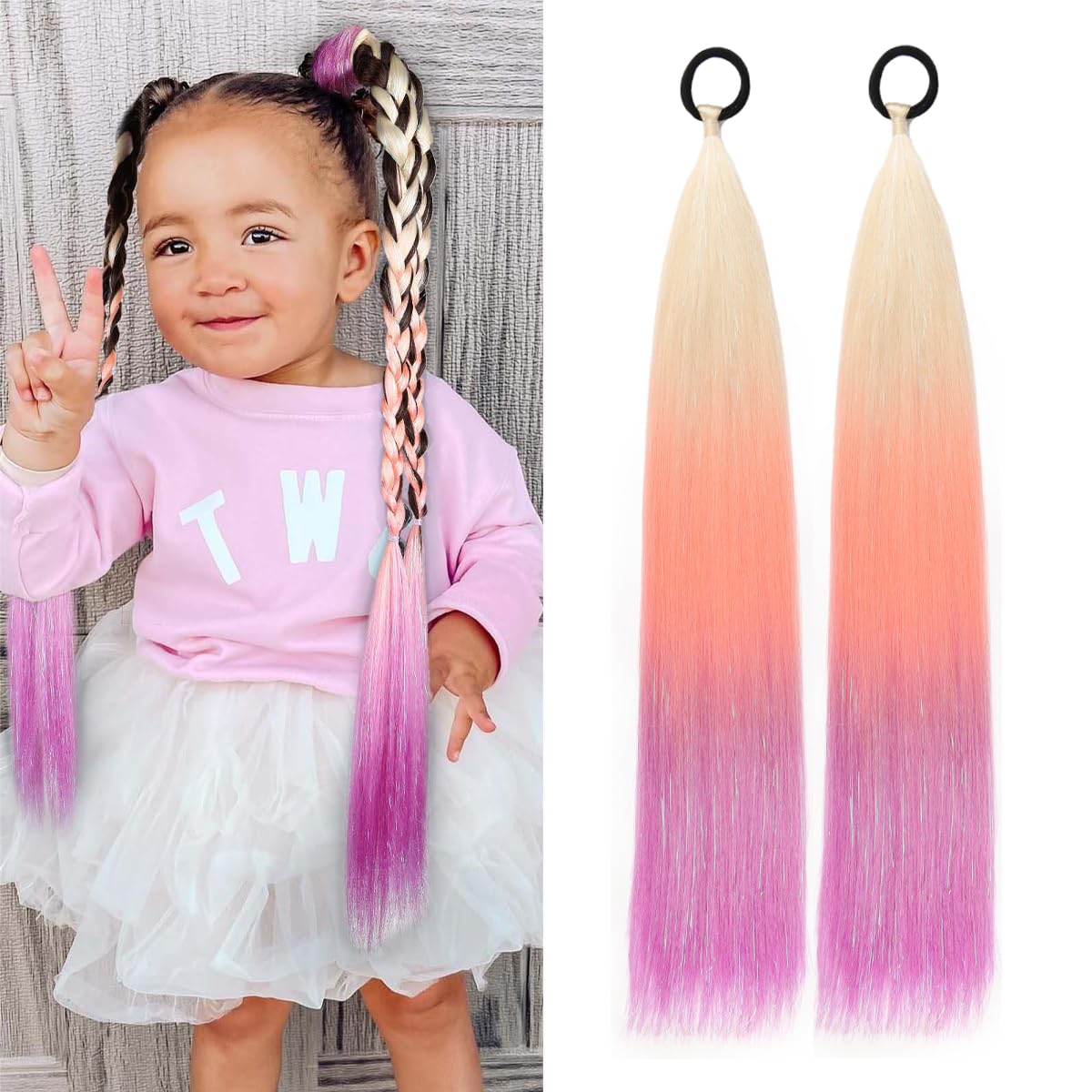 Rainbow Ponytail Extensions With Hair Tie 2 Packs 50g/Pack Coloured Hair Extensions for Braiding 26 inch Colorful Ombre Mermaid Pony Tail Synthetic Hair Extensions for Girl Women S34 โ image 1