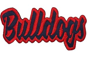 WHOLESALE APPLIQUE Bulldogs Mascot, Team Name, Embroidered, Iron on Patch (Navy Blue Twill/Red Outline)