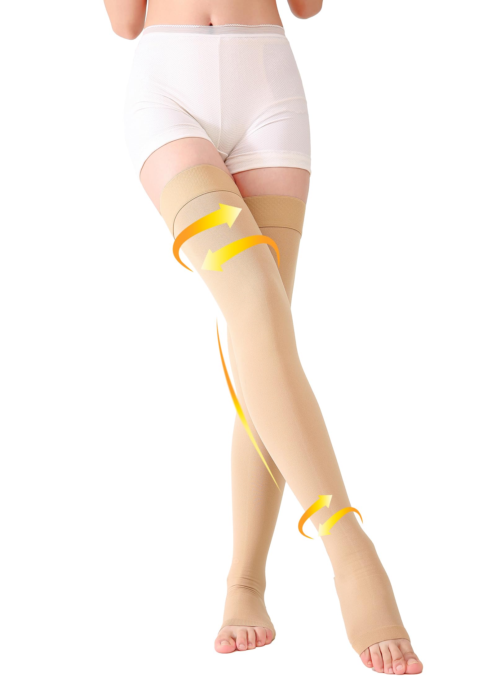 TOFLY® Medical Thigh High Compression Stockings for Women & Men (Pair), Opaque Open Toe 15-20mmHg Graduated Compression Hose, Medical Compression Stockings Support for Varicose Veins, Edema,Beige S