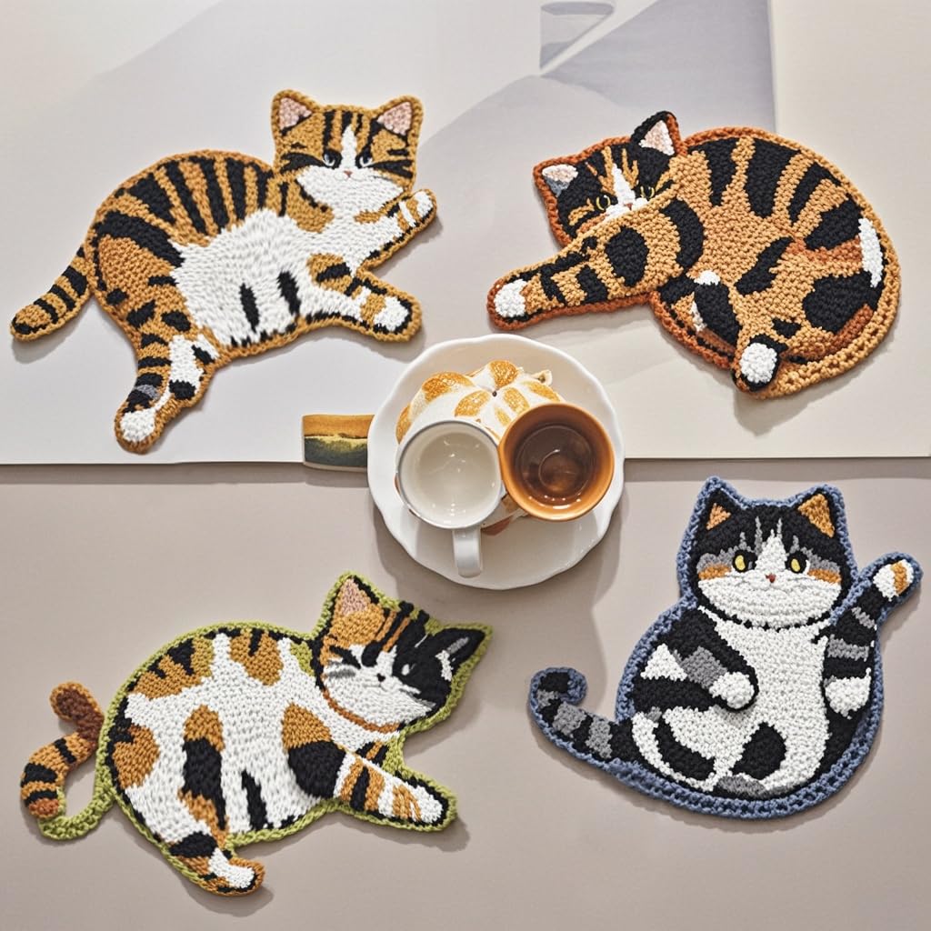 OT-NVWOZR Creative Cute Cat Coaster, Funny Crochet Drink Coasters for Desk, Woven Coasters Gifts for Cat Lovers, Knitted Insulation Tea and Coffee for Home Office Bar Table Decor (4, Style A)