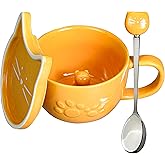 Koolkatkoo Ceramic Coffee Cup Cat Mug - Coffee Mug with Lid and Spoon, Animals Hidden inside Cup, Cat Gifts for Women, Mother's Day Thanksgiving Gift, 10oz yellow