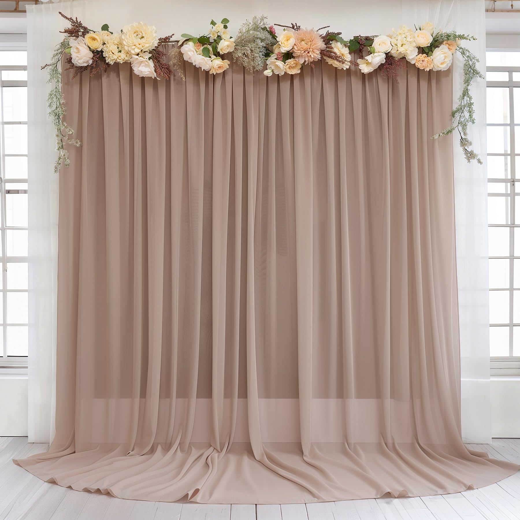 Photo 1 of 10ft x 10ft Taupe Backdrop Curtain Drapes, Wrinkle-Free Sheer Chiffon Fabric Photo Backdrop Panels for Wedding Arch Party Ceremony Stage Photo Backgrounds