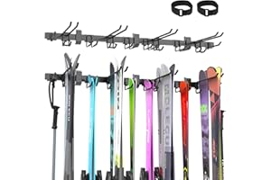 LXVOOEE Ski Rack Wall Mount,12 Pairs Ski Holders for Wall with Movable Rubber-Coated Hooks for Garage Storage Organizer System, Snowboard Wall Mount for Garage and Home Shed, Holds Up to 880lbs