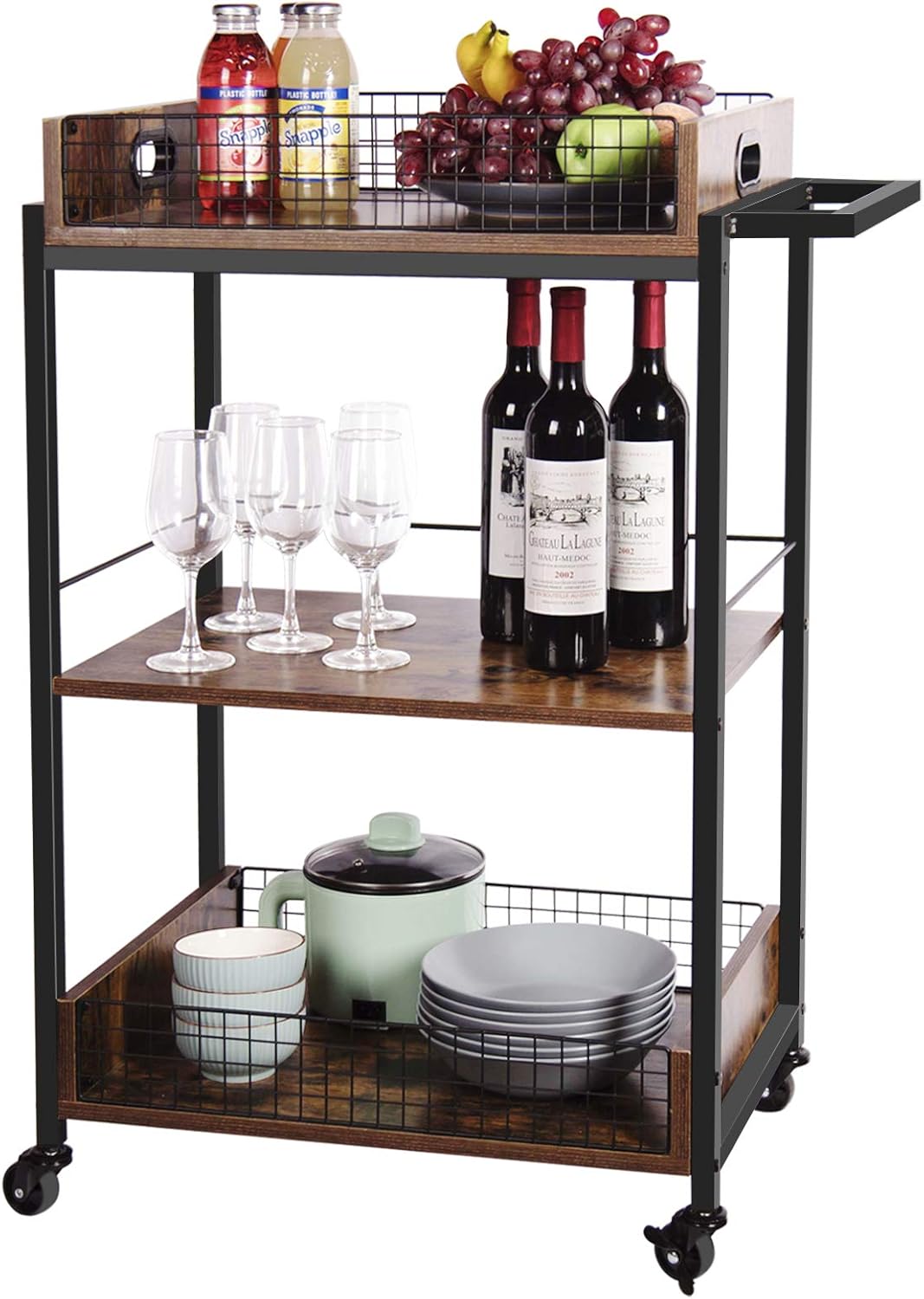 X-cosrack Home Bar & Serving Carts,3-Tier Wood Kitchen Islands & Carts,Utility Storage Cart with Wheels and Handle,for Home, Office, Restaurant, Hotel