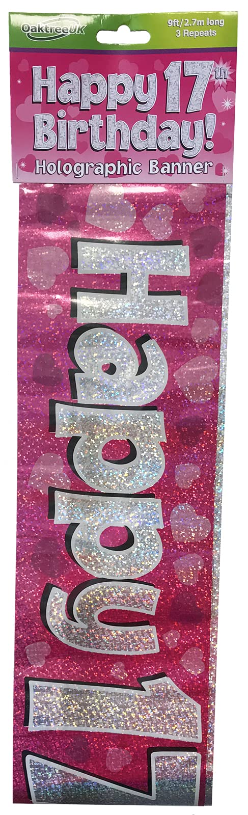 9ft Banner Happy 17th Birthday Pink Holographic