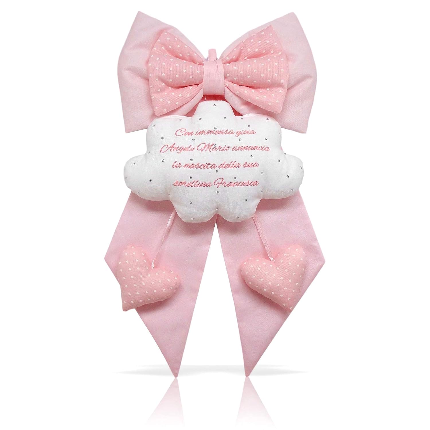 Fiocco nascita bimba rosa da personalizzare con nuvola con frase dedica ricamata coccarda per Fiocco nascita bimba rosa da personalizzare con nuvola con frase dedica ricamata coccarda per