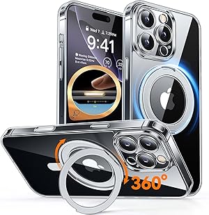 CANSHN 360° Ständer für iPhone 16 Pro Hülle mit Kameraschutz [Camera Control Button] für Magsafe (Magnetischer Robust Standring), Transparent
