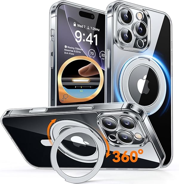 CANSHN 360° Ständer für iPhone 16 Pro Hülle mit Kameraschutz [Camera Control Button] für Magsafe (Magnetischer Robust Standring), Transparent