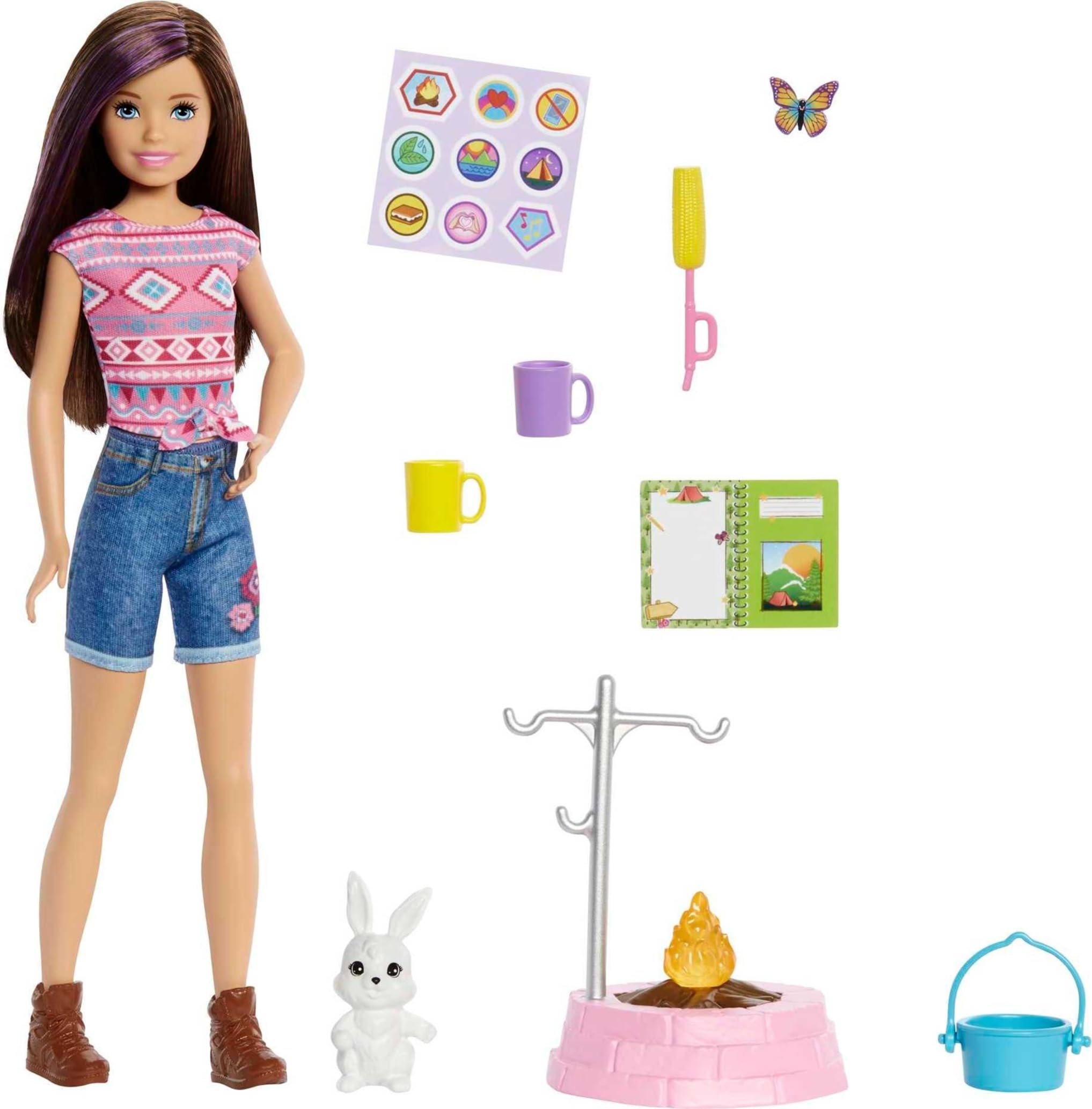 Barbie It Takes Two Camping Playset with Skipper Doll (~10 in), Pet Bunny, Firepit, Sticker Sheet & Camping Accessories, Gift for 3 to 7 Year Olds, HDF71
