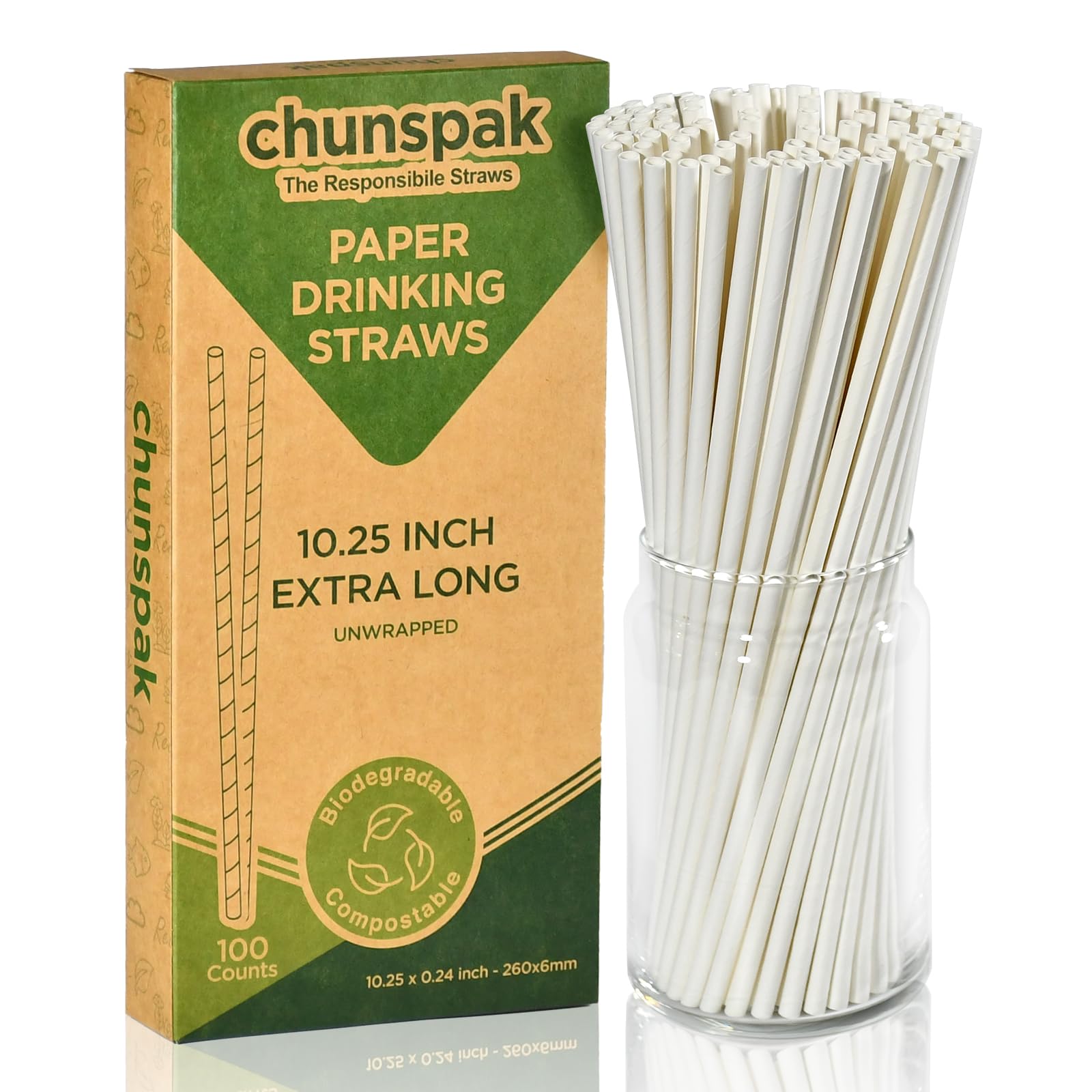 26 cm White Long Paper Straws, Biodegradable - 0.6 cm Normal Diameter, Perfect for Large Drinks, Bars, Restaurants, Pack of 100 — image 1