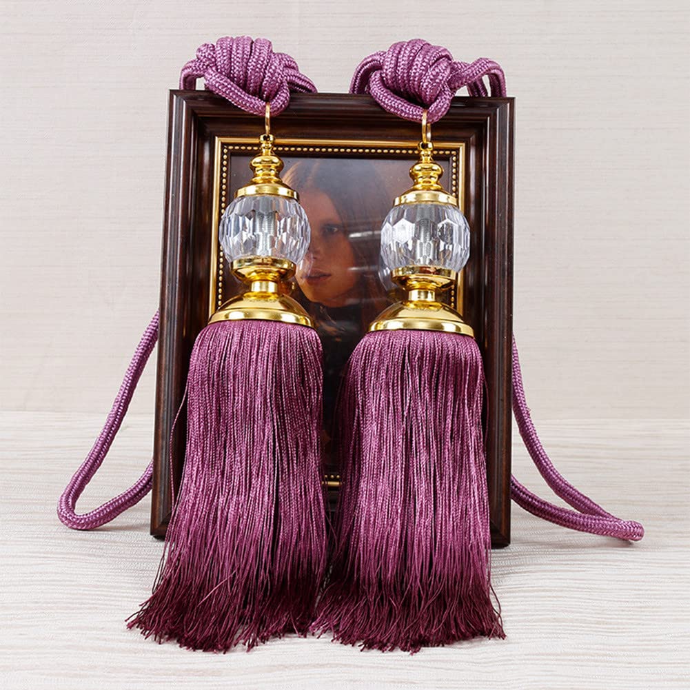 2PCS Luxury Curtain Holdbacks Rope Tie Backs Tassel Tiebacks Beaded Ball Decor Pair Vintage Curtain Holdbacks Handmade Braided Rope Decorative for Home&Office Window Drapery Decoration(Dark Purple)