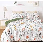 Queen Size Comforter Set, White Yellow Floral, Green Leaf Pattern Print Reversible Down Alternative Bed Sets - 90 x 90 3PC Soft Microfiber Flower Duvet Vintage Farmhouse Bedding in a Bag for Women Men