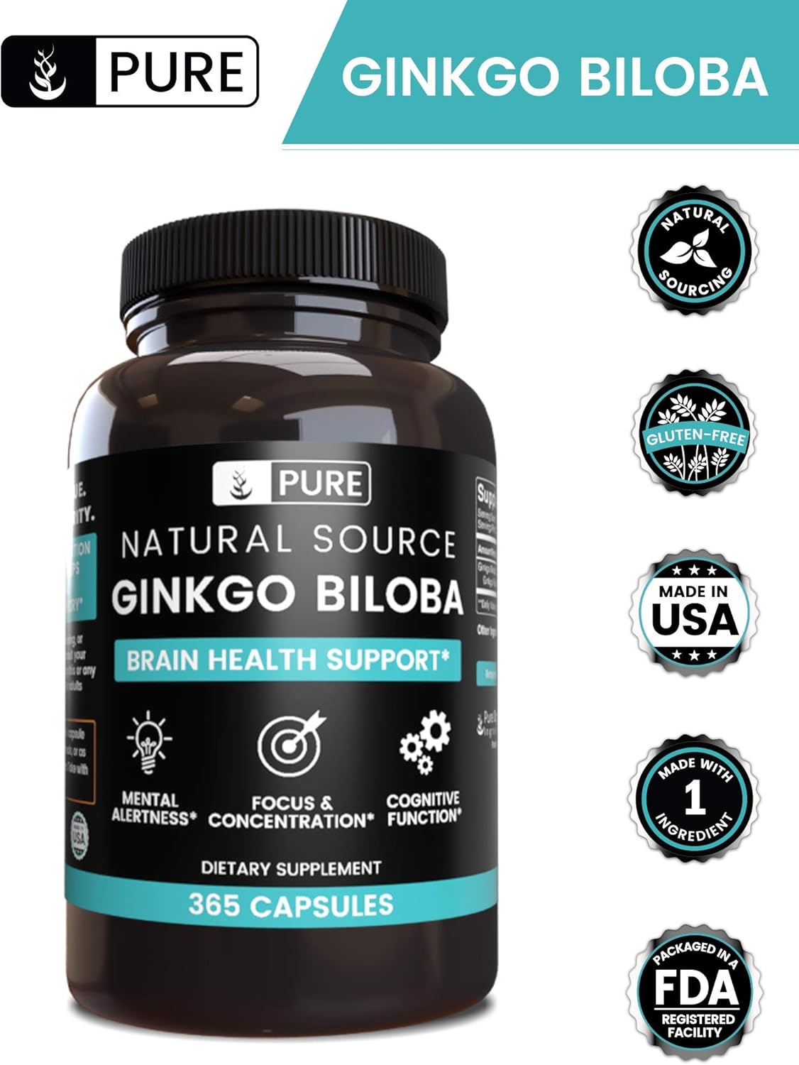 Natural Source Ginkgo Biloba, 365 Capsules, 1-Year Supply, No Magnesium or Rice Fillers, Gluten-Free, Made in The USA, Potent, 24% Standardized Ginkgo Flavone Glycosides Extract: Health & Personal Care