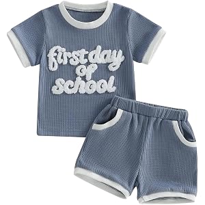 WZTYYDS Toddler Boy First Day of School Outfit T-Shirt Shorts Set | Waffle Knit Clothing, Back to School Outfits for Boys Pre