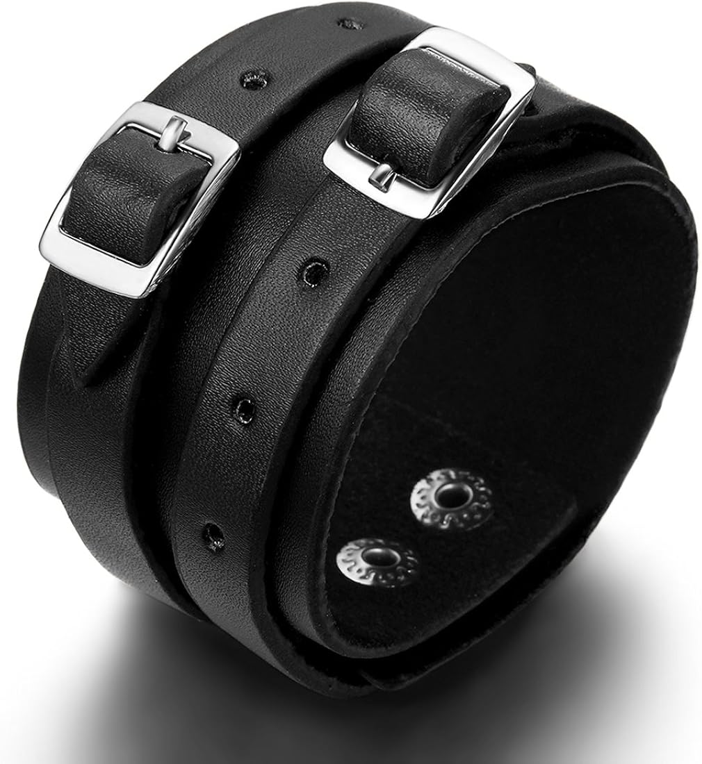 JewelryWe Wide Strap Leather Cuff Wrap Gothic Wristband Bracelet - Black(with Gift Bag), 24 cm - Image 5