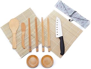 WeeDee Bambus Sushi Maker Set - 2 x Rollmatte, aus Bambus, 4 Paar Essstäbchen, Reislöffel, Paddel, Sushi Messer , 2 x Gericht