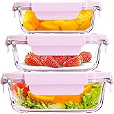 ATRDTO 6 Pieces Rectangle Glass Food Storage Containers with Lids, Meal Prep Containers for Food Storage, BPA Free & Leak Proof (3 lids & 3 Containers) 13.9oz, 24oz, 35oz (Pink)