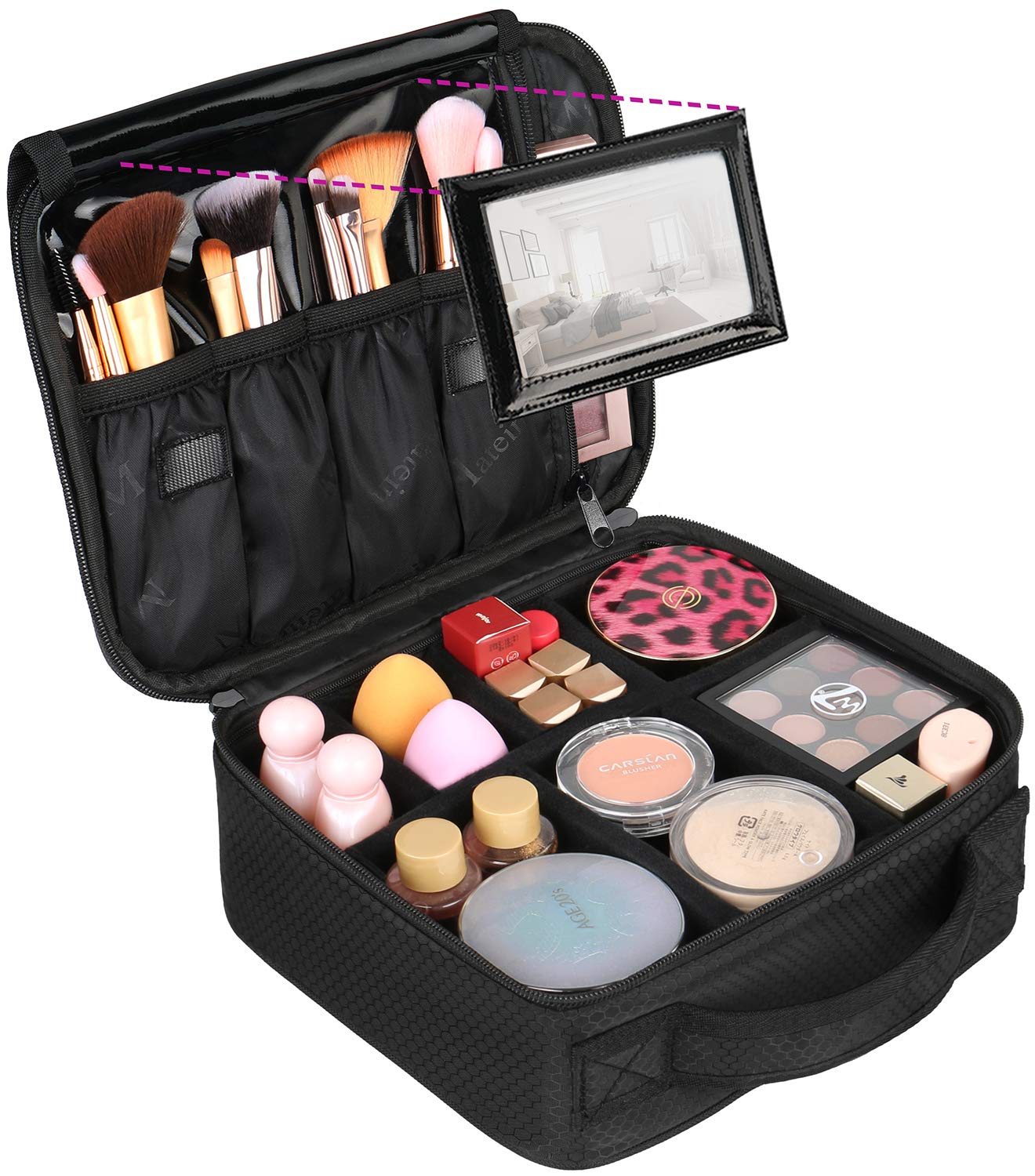 Large Travel Makeup Bag, Professional Cosmetic Makeup Train Case with Mirror, Waterproof Cosmetics Organizer Bag with Adjustable Divider Portable Makeup Storage Bag 16.5 Inch for women, Black : Beauty