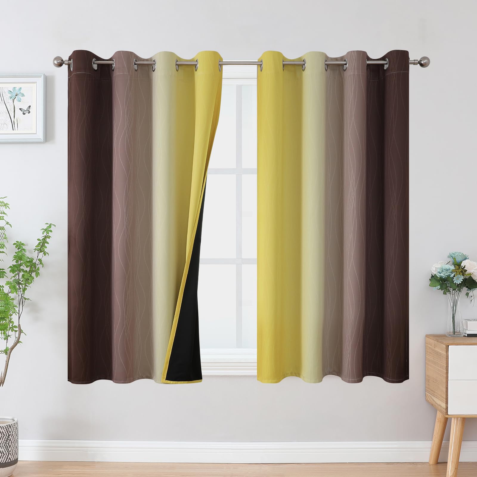 Estelar Textiler Yellow and Brown Blackout Curtains, Full Light Blocking Gradient Grommet Drapes for Living Room, Thermal Insulated Ombre Curtains for Bathroom, 52Wx54L, 2 Panels Image