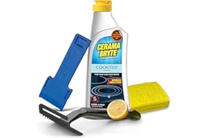 Cerama Bryte Glass Cooktop and Stove Top Cleaner Combo Kit - Includes Cleaning Tool, Razor, Scraper and 3 Pads to Remove Tough Stains - Use on Gas, Electric, Ceramic Surfaces, 10 Ounces, 6 Piece