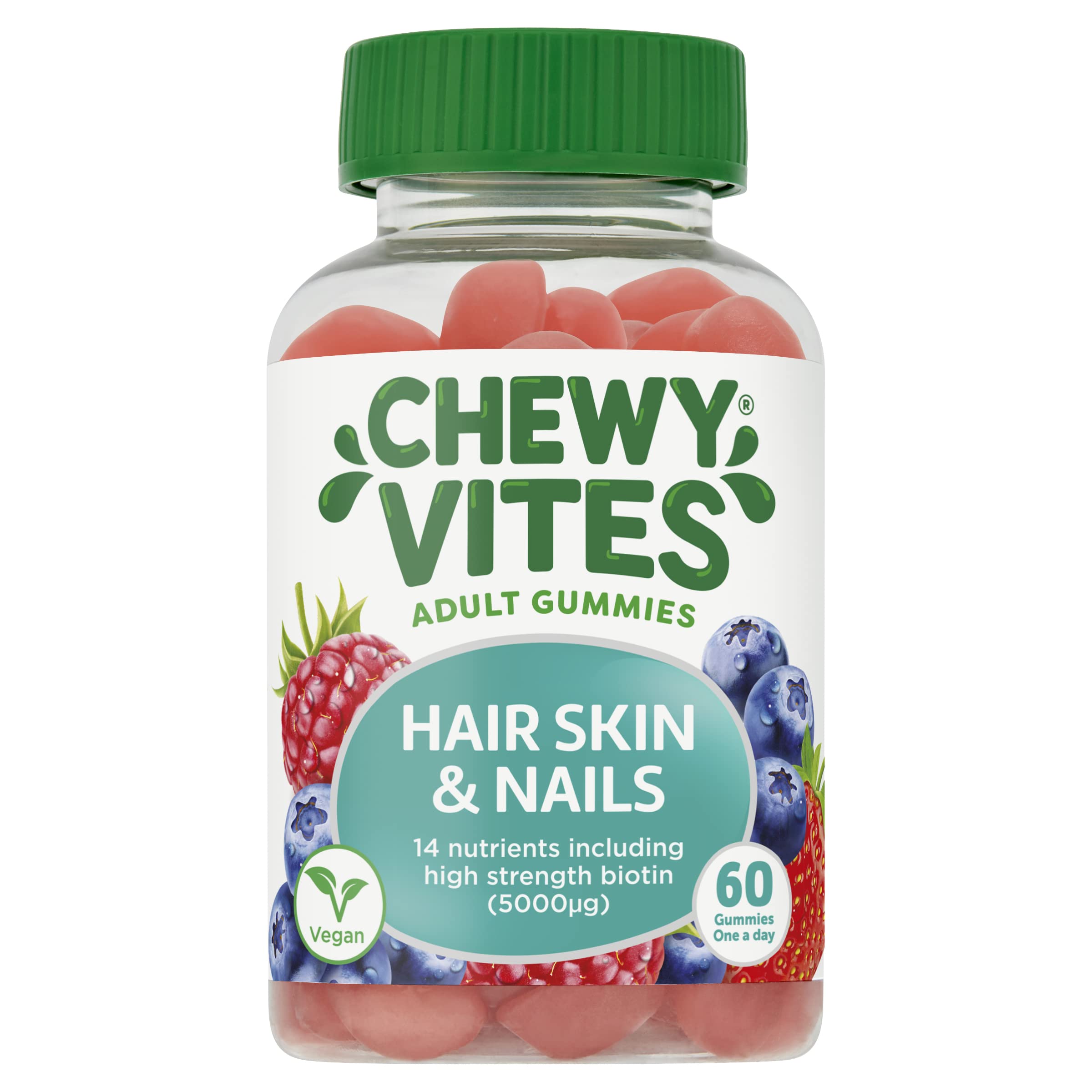 Chewy Vites Adult Hair Skin and Nails, 60 Biotin Gummies, High-Strength Biotin 5000mcg, 2 Months Supply, Real Fruit Juice, Vegan, Blueberry and Raspberry Flavour