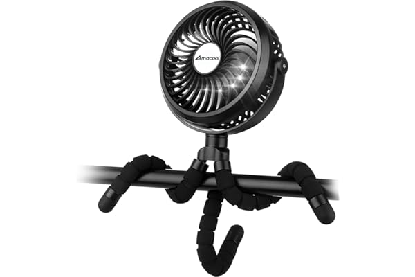 AMACOOL Battery Operated Stroller Fan Flexible Tripod Clip On Fan with 3 Speeds and Rotatable Handheld Personal Fan for Car Seat Crib Bike Treadmill (Black)