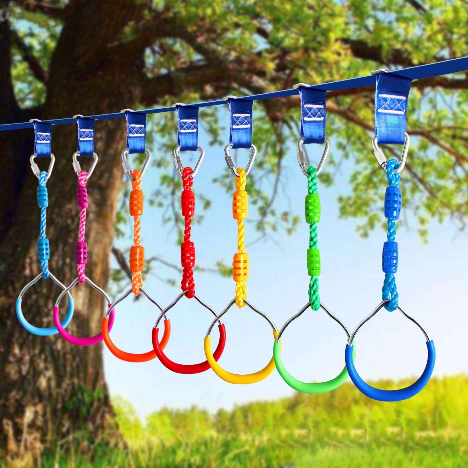 Rainbow Craft Colorful Ninjaline Rings - Gymnastic Rings, Ninja Rings, Swing Bar Rings, Monkey Rings for Backyard Ninja Obstacle Accessories - 7pcs Pack: Toys & Games