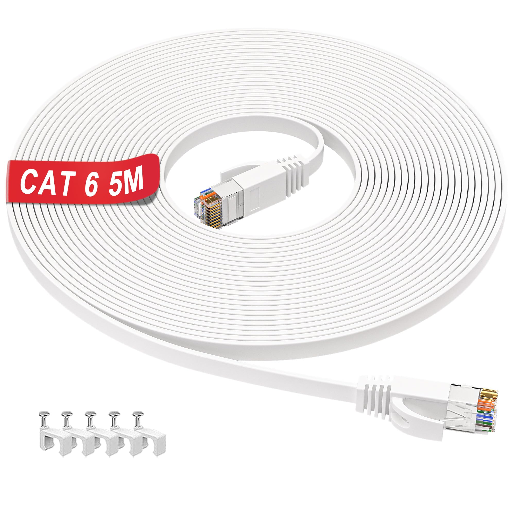 Cat 6 Ethernet Cable 5m, High Speed Internet Cable 5m Flat Network Cable , Gigabit LAN Cable with RJ45 Connectors 10/100/1000Mbit/s, White Broadband Patch Cord for Router Switch Modem Xbox PC(5 Clips)