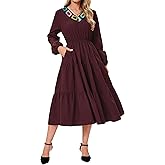 RuoRayVan Women's 2026 Spring Dresses Long Sleeve Elegant Crew Neck A-Line Elastic Wasit Lightweight Formal Casual Midi Dress