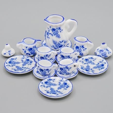 Amazon Com Odoria 1 12 Miniature 15pcs Blue Porcelain Tea Cup Set