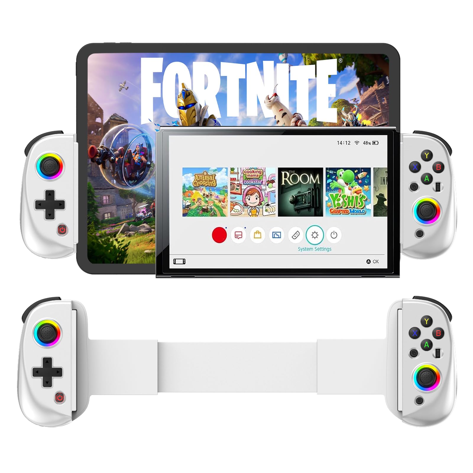 Game Controller for iPad/Tablet, Mobile Wireless Gamepad for iPhone Bluetooth RGB Telescopic Joystick for Android/iOS/PC/Smart Phones for 13-25cm Perfect works for COD/Genshin, Direct Play (white)