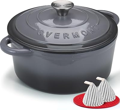Overmont 4.2L Enamelled Cast Iron Round Casserole Pot With Lid Grey
