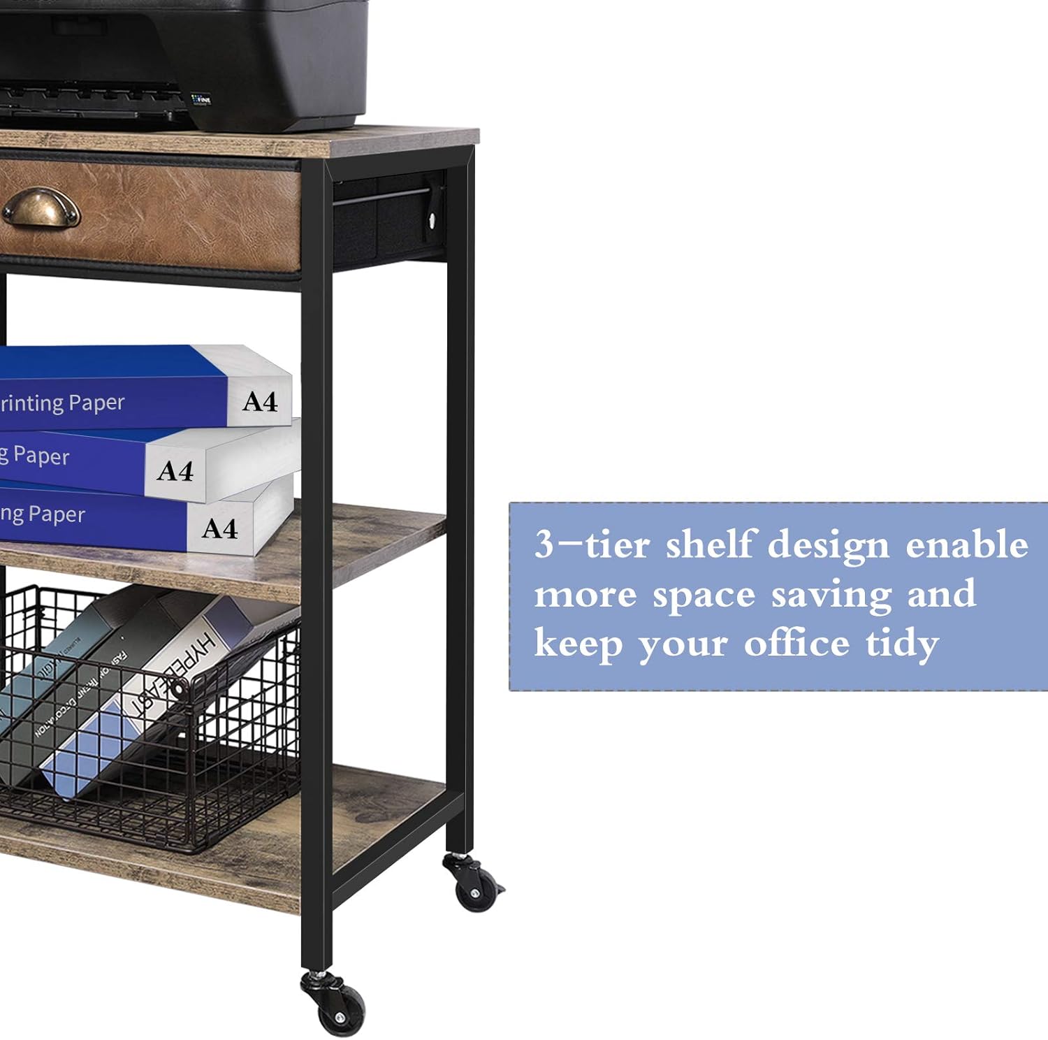 X-cosrack Deskside Mobile Printer Stand with Storage Drawer, 3 Tier Printer Table Cart with Wheel, Workspace Desk Organizer Shelf for Home Office, Rustic Brown : Electronics