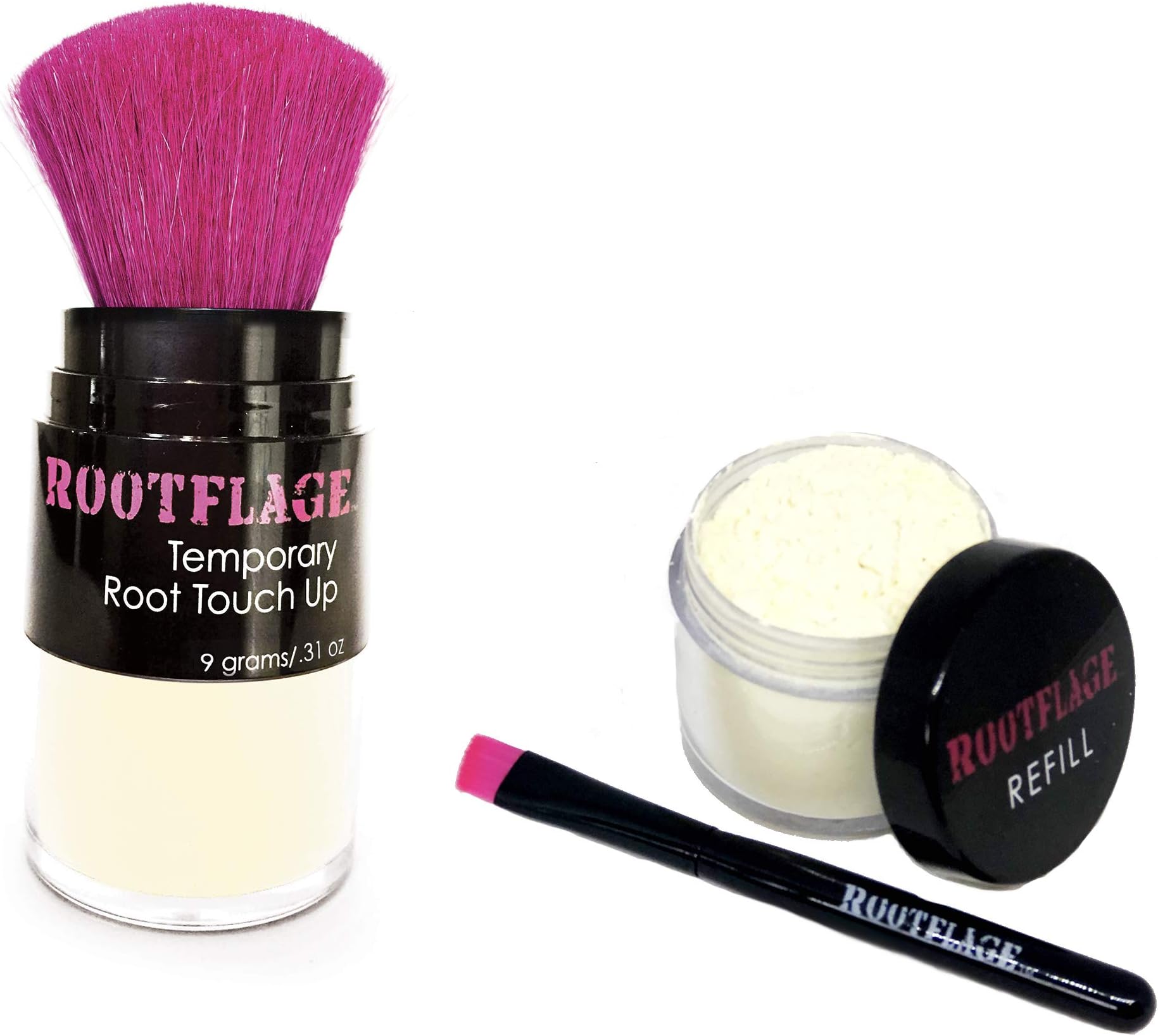 Rootflage Root Touch Up Hair Powder - Temporary Hair Color, Root Concealer, Thinning Hair Powder with Kabuki Applicator 31 oz + Rootflage Refill .31 oz + Small Detail Brush (LIGHT BLONDE)