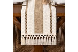 DeZerlor Boho Macrame Table Runner Farmhouse Woven Small Table Runner with Tassels 36 Inches Ivory& Burlap Brown Cotton Linen Kitchen Table Centerpiece for Dining Dresser Home Tea Table Decor