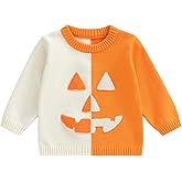 Toddler Baby Boy Girl Halloween Pumpkin Embroidery Knitted Sweaters Oversized Long Sleeve Color Block Warm Sweater