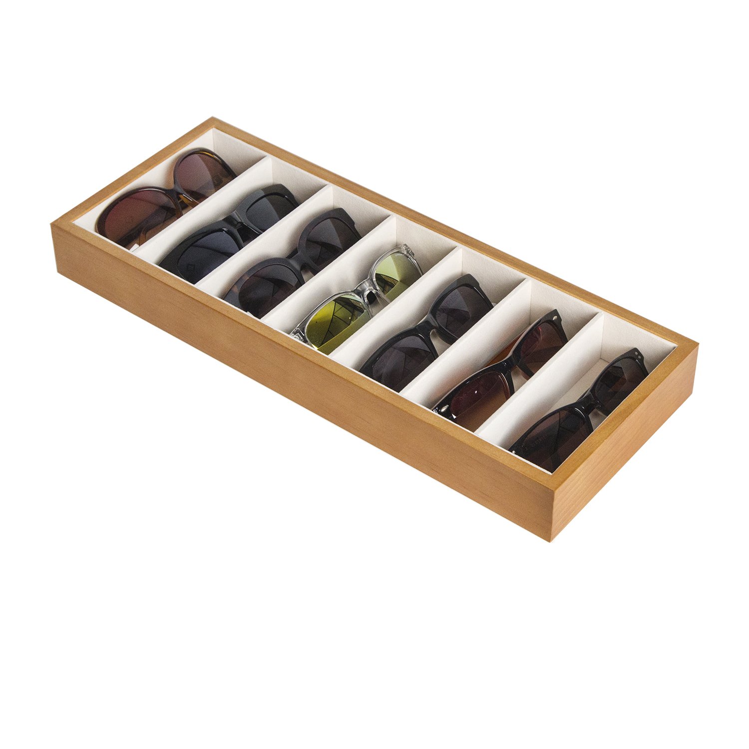 JackCubeDesign Wood 7 Compartments Eyeglass Display Organiser Eyeglasses Sunglass Storage Case Box Eyewear Tray Stand Open Top Suede Inside(45.2 x 18 x 4.8 cm) – :MK374A