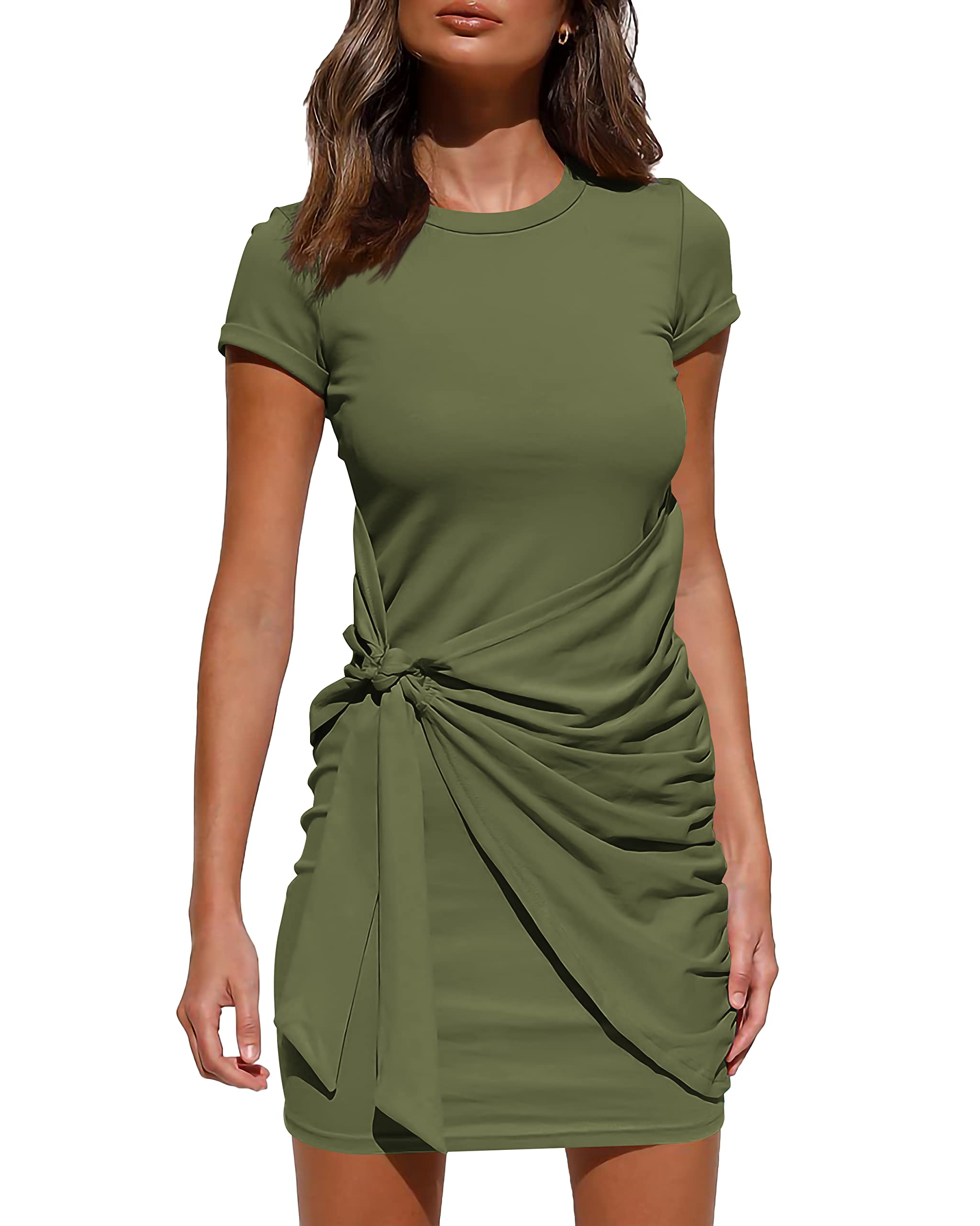 BTFBM Women 2025 Spring Casual Short Sleeve Ruched Bodycon Tank T Shirt Dress Tie Waist Sun Beach Summer Mini Dresses(Short Sleeve Army Green, Large)