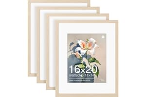 LIVINGTASTE 16x20 Picture Frame Set of 4 Natural Solid Wood Veneer 4 Pack Picture Frames 16x20 Matted to 11x14 with Shatterpr