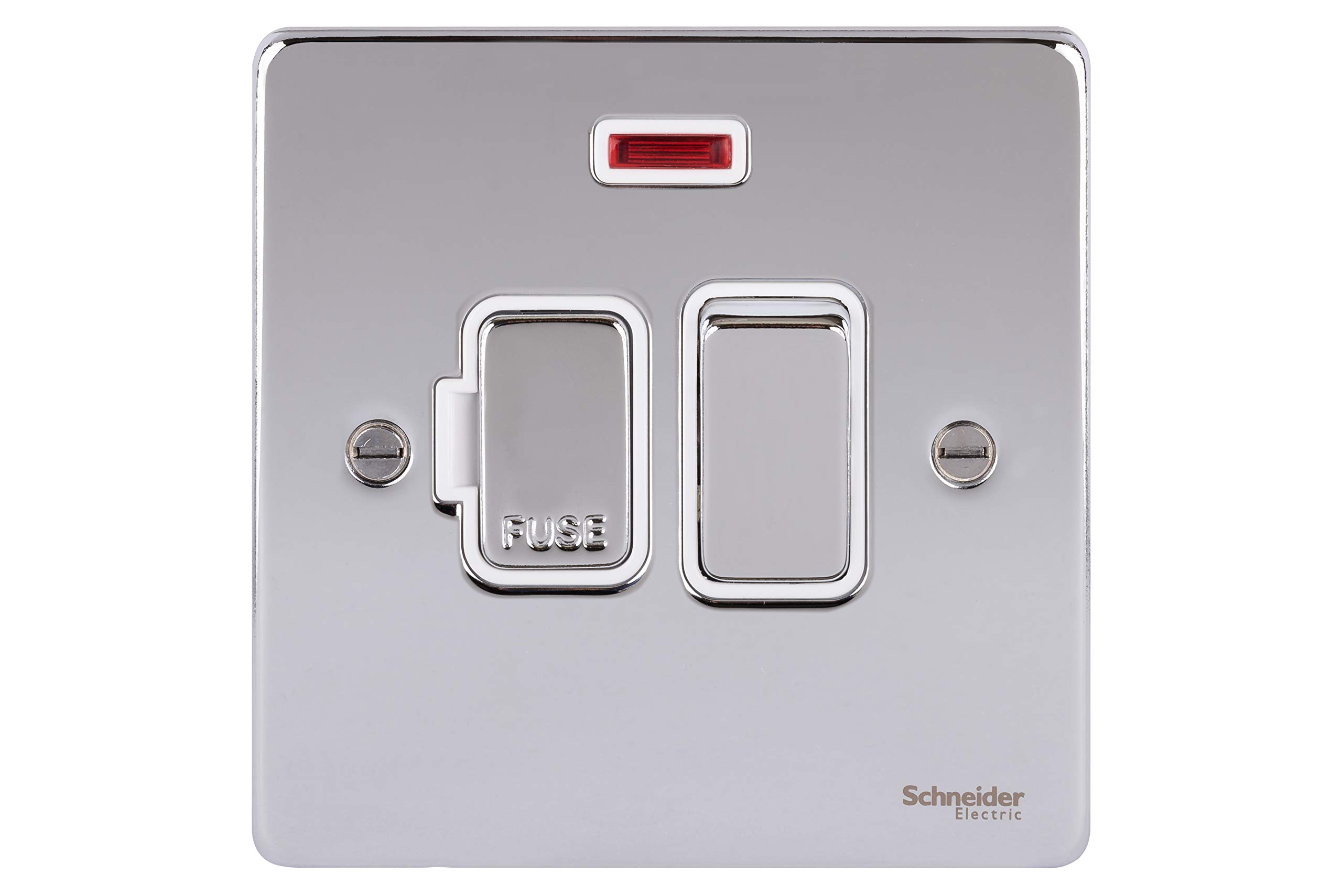 Schneider Electric Ultimate Low Profile - Switched Single Fused Connection Unit, with Neon Indicator, 13A, GU5511WPC, Brushed Chrome with White Insert